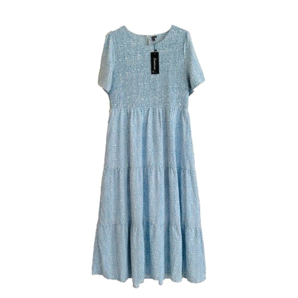 Zattcas Dress Blue White Floral Short Sleeve Smocked Tiered Maxi Size XXL NEW